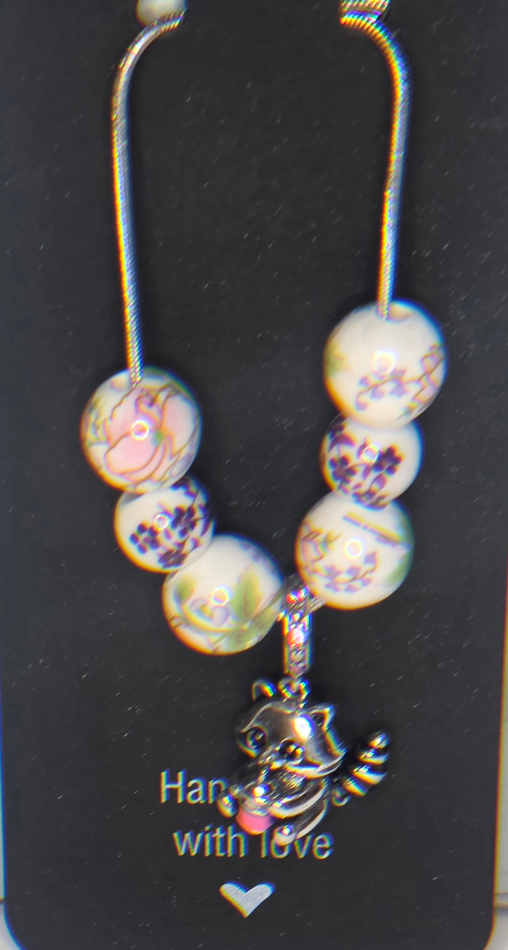 Bobba Drinking Raccoon Pendant with ceramic floral beads