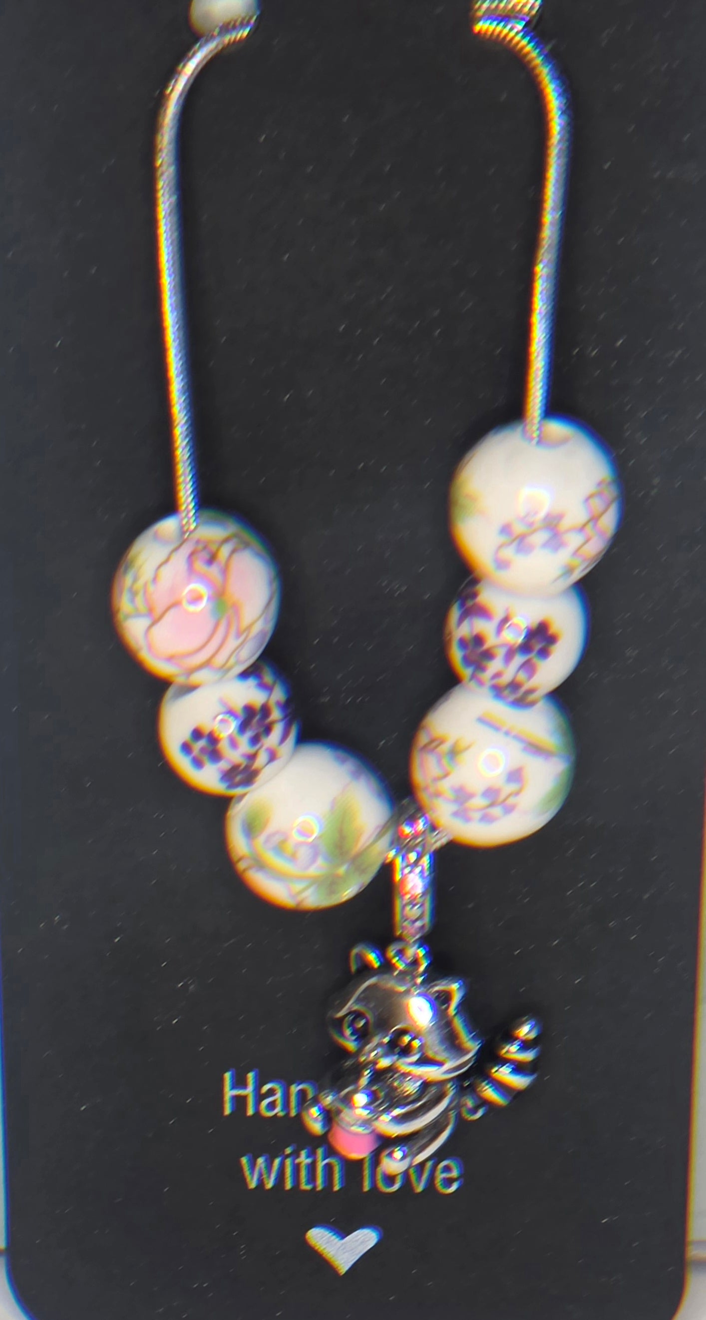 Bobba Drinking Raccoon Pendant with ceramic floral beads