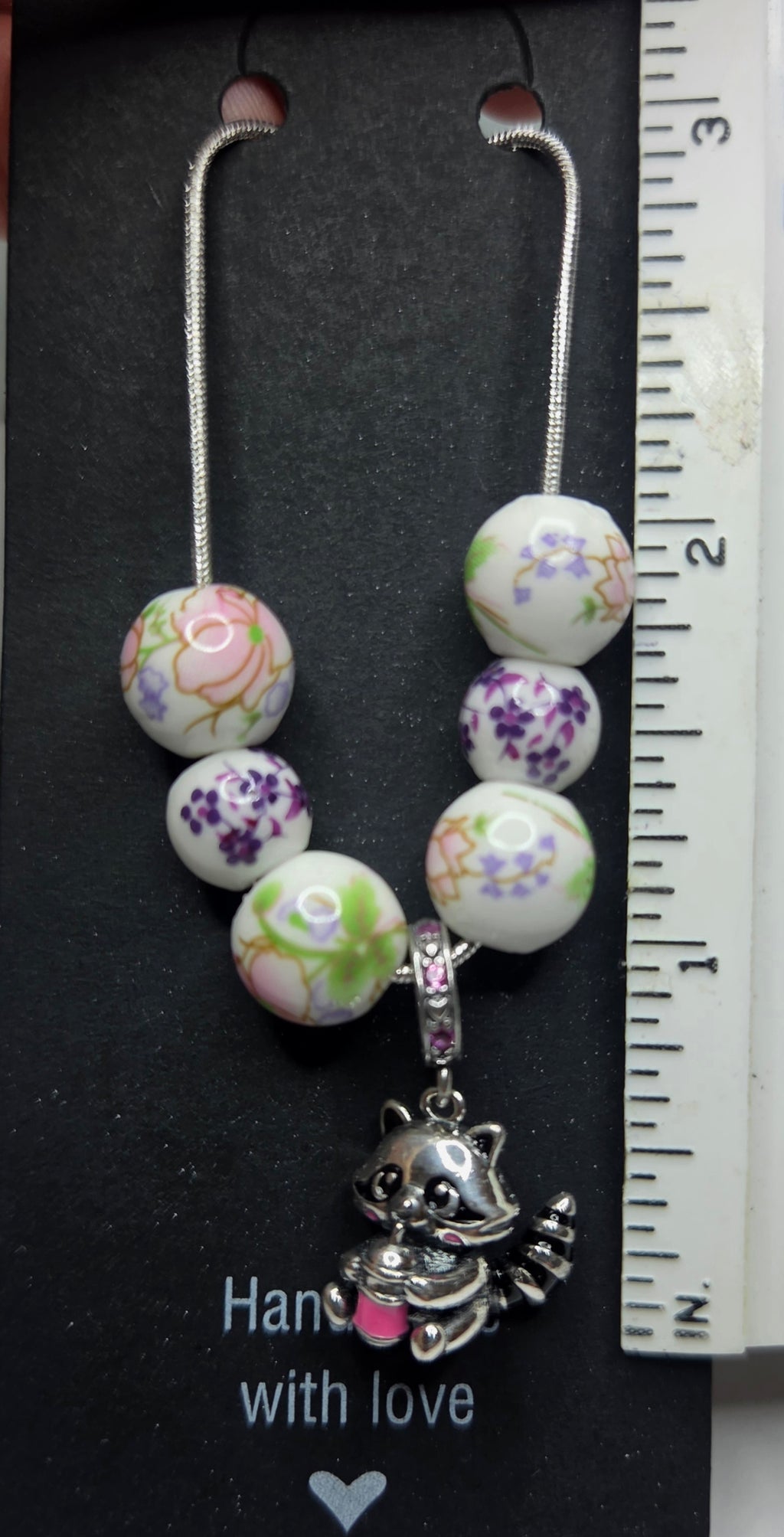 Bobba Drinking Raccoon Pendant with ceramic floral beads