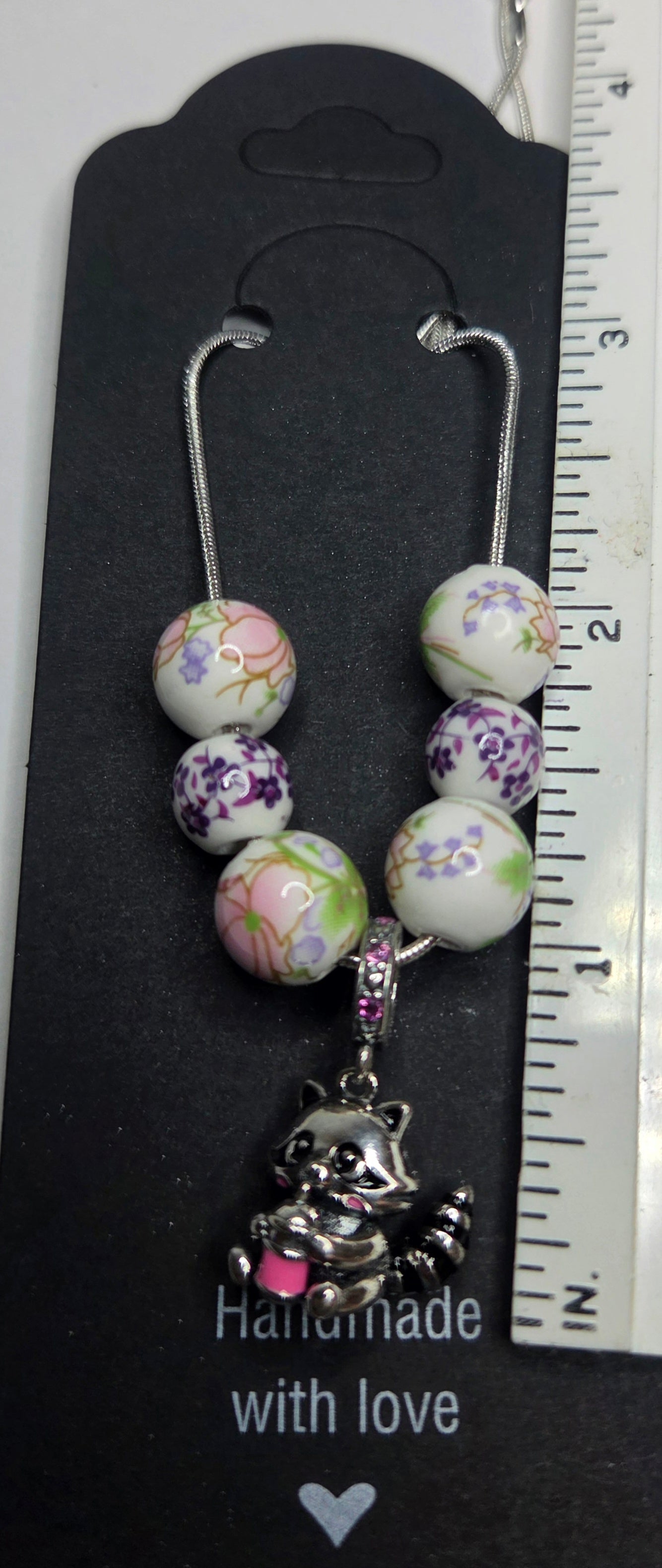 Bobba Drinking Raccoon Pendant with ceramic floral beads