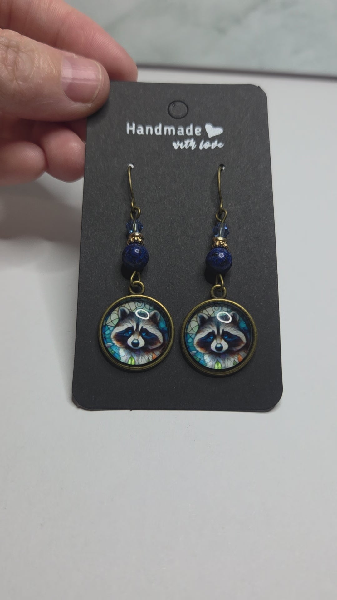 Raccoon drop earrings with beads