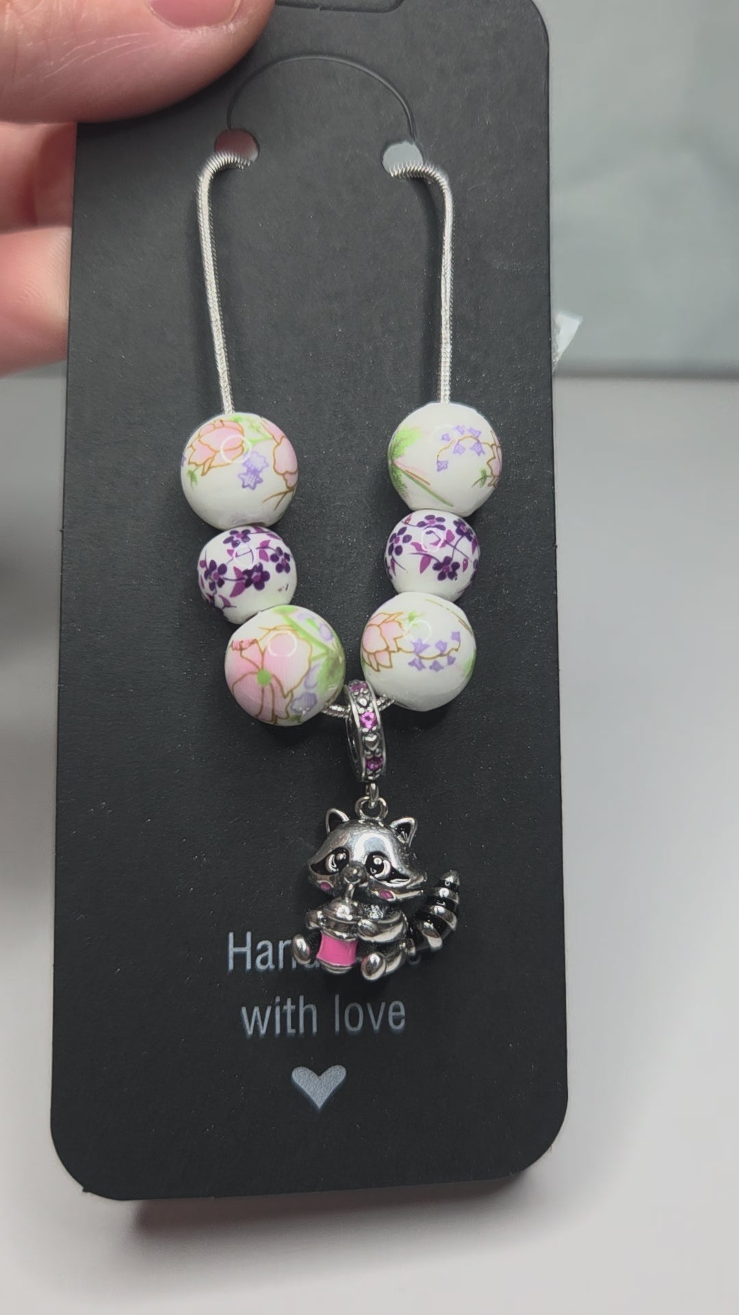 Bobba Drinking Raccoon Pendant with ceramic floral beads